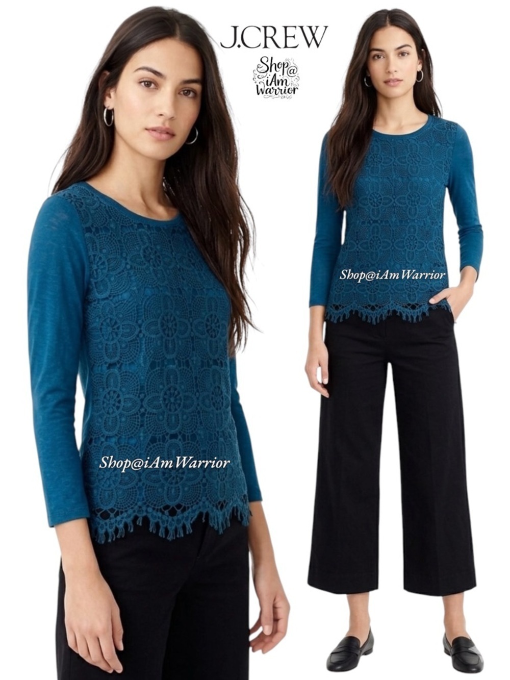 J.Crew blue lace front 3/4 sleeve cotton t-shirt *shop@iamwarrior